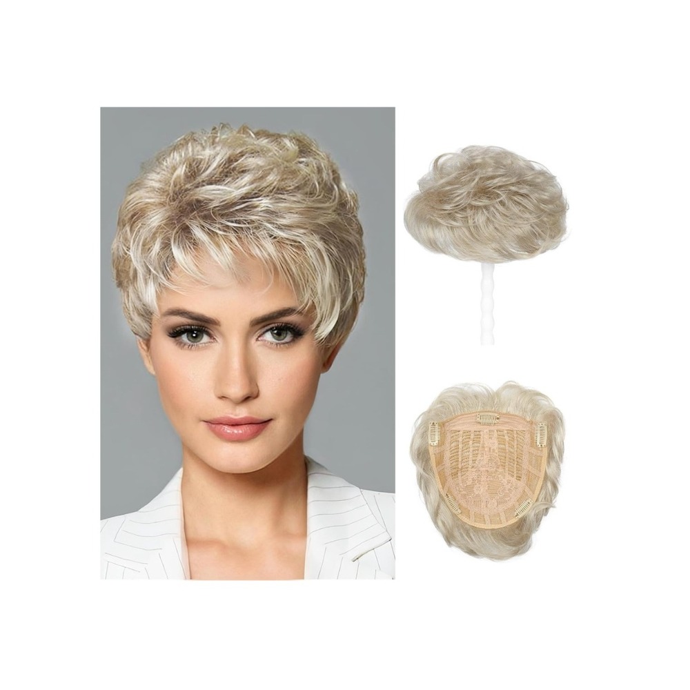 Natural Hair Topper Ash Blonde Short Wiglet Synthetic‎ Hairpiece Women Thinning